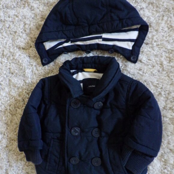 Baby GAP Unisex Navy Blue Striped Lining Peacoat Puffer Coat Sailor 0-6 Months - Picture 3 of 8